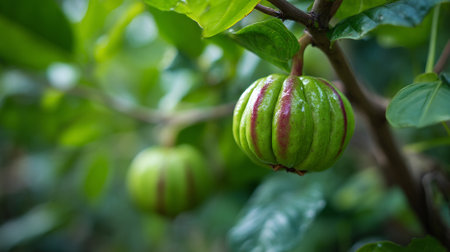 Green Garcinia Cambogia fruit hanging from tree branch amidst vibrant foliageの素材