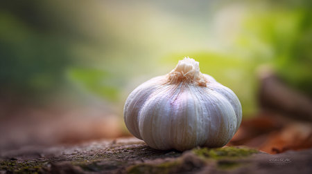 Aromatic garlic bulb resting serenely amidst a blurred earthy background, illuminated beautifully.の素材