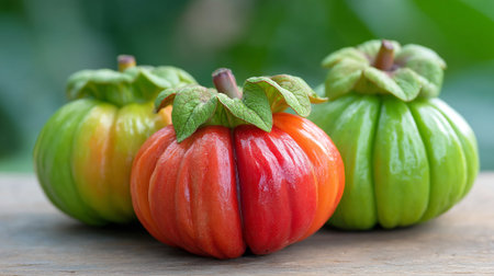 Colorful Garcinia Cambogia Fruits, a Natural Dietary Supplement Displayed on Wooden Surfaceの素材