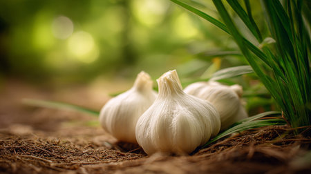Three Heads of Fresh Garlic on Soil Under Greenery Outdoorsの素材