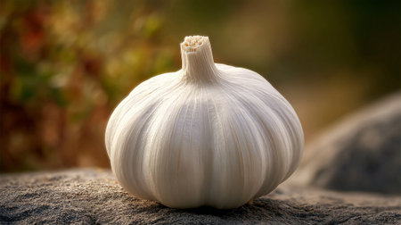 Single bulb of fresh garlic on rough textured stone surface outdoorsの素材