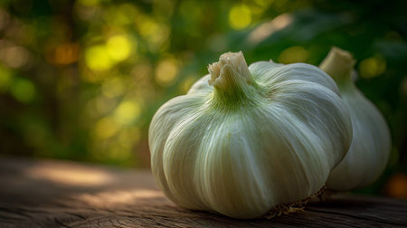 Fresh Garlic Bulbs on Weathered Wooden Surface in an Organic Garden Settingの素材