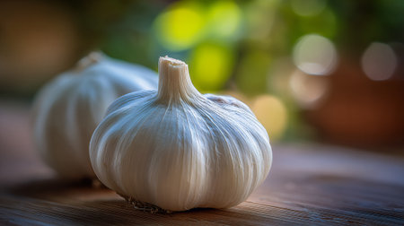 Fresh garlic bulbs on a rustic wooden surface creating a culinary mood.の素材