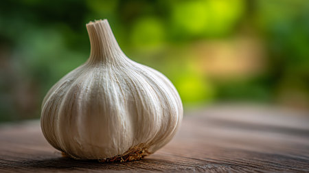 Fresh Single Garlic Bulb Displayed on Wood Table with Natural Backdropの素材