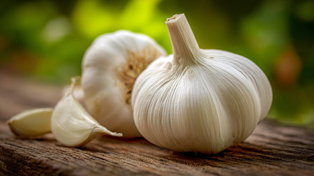 Fragrant garlic bulbs and cloves arranged on rustic weathered wood surfaceの素材