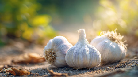 Three heads of flavorful garlic illuminated in natural sunlight on the groundの素材
