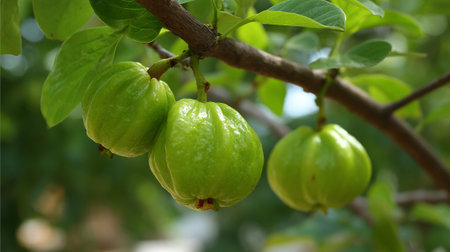 Garcinia gummi-gutta fruits, Malabar tamarind, hanging from a tree branch in a garden.の素材
