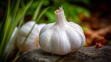 Fresh Garlic Bulb Resting on a Weathered Stone in Natural Lightingの素材