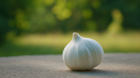 Simple Garlic Bulb Portrait with Blurred Green Background and Soft Sunlightの素材