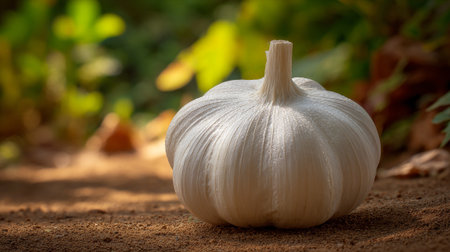 Single garlic bulb resting on the ground with blurred background outdoorsの素材
