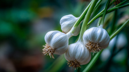 Freshly Harvested Garlic Bulbs Hanging with Green Stems in Gardenの素材