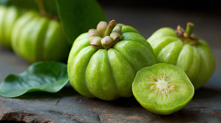 Fresh Garcinia Cambogia Fruit Still Life with Leaves on Rustic Stoneの素材