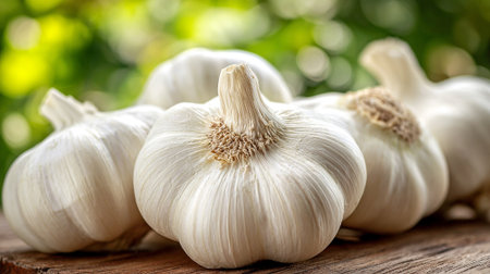 Fresh whole garlic bulbs, beautifully arranged on a rustic wooden surfaceの素材