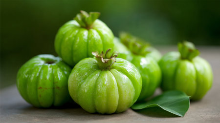 Garcinia Cambogia Fruit Still Life: A Vibrant Display of Green Goodnessの素材