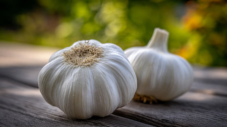 Two fresh garlic bulbs lying on weathered wooden surface outdoorsの素材