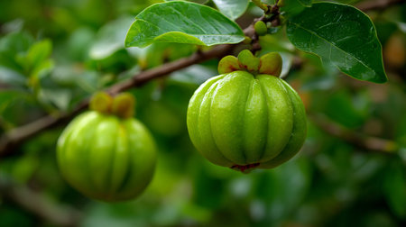 Garcinia cambogia fruit hanging from tree branches, beautiful green vibrant colorの素材