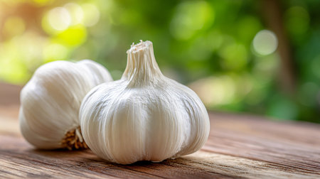 Two bulbs of garlic resting on a wooden table outsideの素材