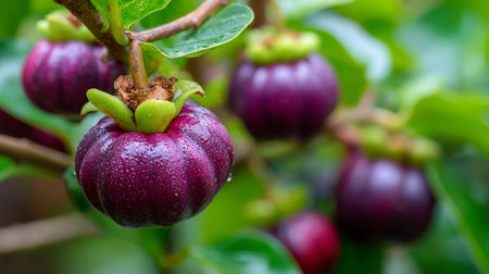 Fresh mangosteen fruits hanging on tree with water droplets in natureの素材