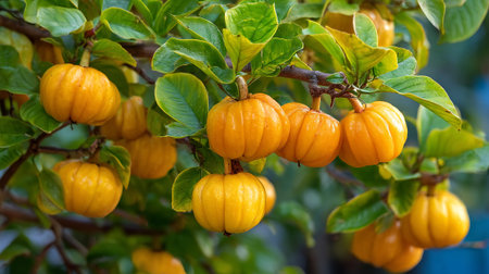 Garcinia Gummi-Gutta fruit hanging, tropical spices, vibrant yellow and green huesの素材