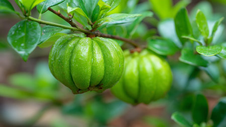 Two Garcinia gummi-gutta fruits hanging from a branch amidst lush foliageの素材