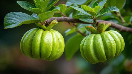 Two unripe Garcinia Cambogia fruits hanging on a branch with vibrant leavesの素材