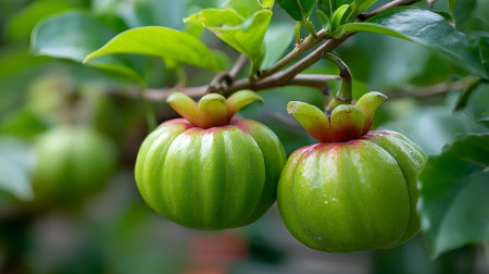 Fresh Garcinia Cambogia Fruit Hanging on a Tree Branch in Summerの素材