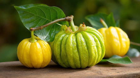 Garcinia cambogia fruit, green and yellow, on wooden surface shines with health.の素材