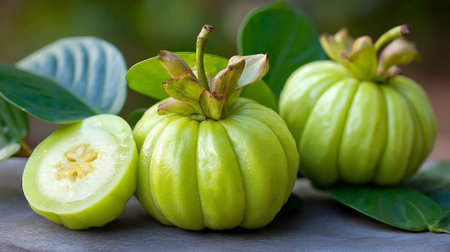 Fresh Garcinia Cambogia Fruits with Green Leaves in Natural Settingの素材
