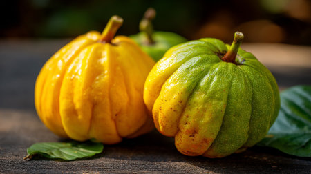 Exotic Garcinia Cambogia Fruits Displayed on Rustic Wooden Surface, Natural Lightingの素材