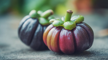 Vibrant Duo: Mangosteen Fruits Displaying Rich Purple and Red Hues Beautifullyの素材