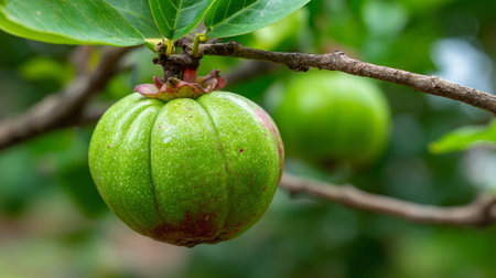 Garcinia cambogia fruit hanging from tree branch in tropical gardenの素材