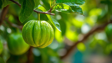 Garcinia Cambogia fruit hanging on a tree branch in bright sunlightの素材