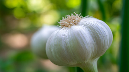 Fresh organic garlic bulb growing with green stem and blurred backgroundの素材