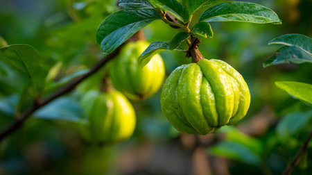 Unripe Garcinia Cambogia Fruits Hanging on Tree Branch in a Gardenの素材