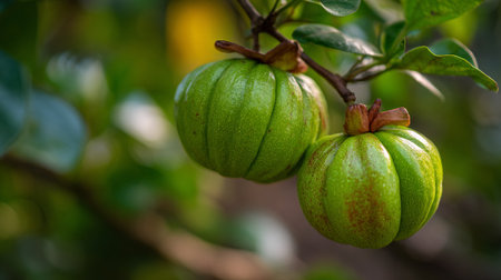 Two Garcinia Cambogia Fruits Hanging on a Branch in Natural Lightの素材