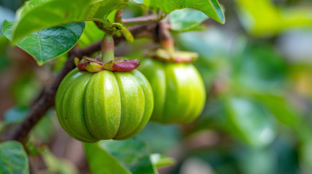 Close-up of Fresh Garcinia Cambogia Fruits Growing on a Tropical Treeの素材