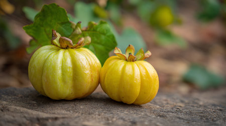 Two Garcinia Cambogia fruits showcasing their vibrant yellow and green huesの素材