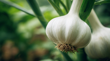 Freshly grown garlic bulbs still connected to the plant in the gardenの素材