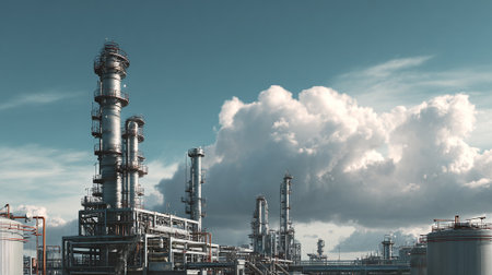 Industrial Complex with Towering Structures Against Cloudy Sky: Energy Production Sceneの素材