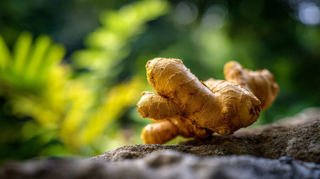 Fresh Ginger Root on Rock with Green Bokeh Backgroundの素材