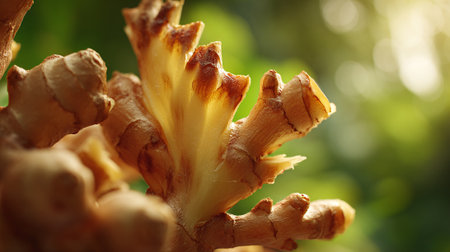 Fresh ginger root exhibiting unique texture against the beautiful green bokeh backgroundの素材