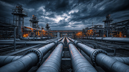 Industrial Complex Landscape at Night with Pipelines and Dramatic Skies Aboveの素材