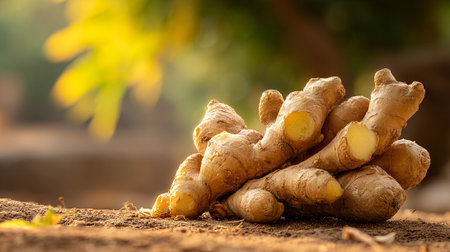 Raw ginger root in soft sunlight displaying its textured, earthy beautyの素材