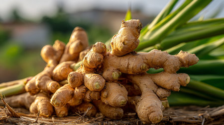 Fresh Ginger Roots Pile Showing Natural Texture and Organic Farmed Foodの素材