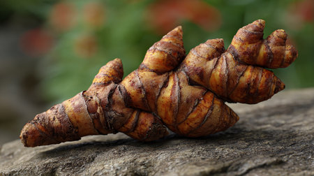 Vibrant turmeric rhizome resting on a rough stone surface, natural medicineの素材
