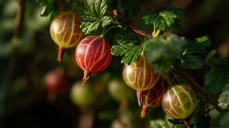 Ripe gooseberries on the branch ready to be picked, a delicious fruit.の素材