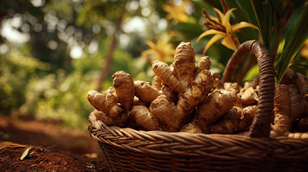 Fresh Ginger Root Harvest in a Basket: Natural Wellness Ingredientsの素材
