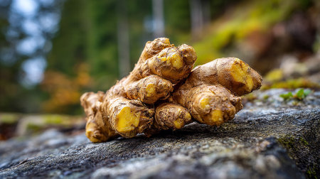 Natural ginger root resting on a textured rock in an outdoor environment.の素材