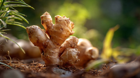 Fresh Ginger Root Outdoors, Healthy and Naturally Grown in Organic Gardenの素材