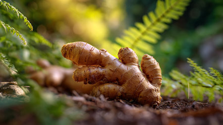 Earthy Ginger Root Resting Amongst Ferns in a Natural Outdoor Settingの素材